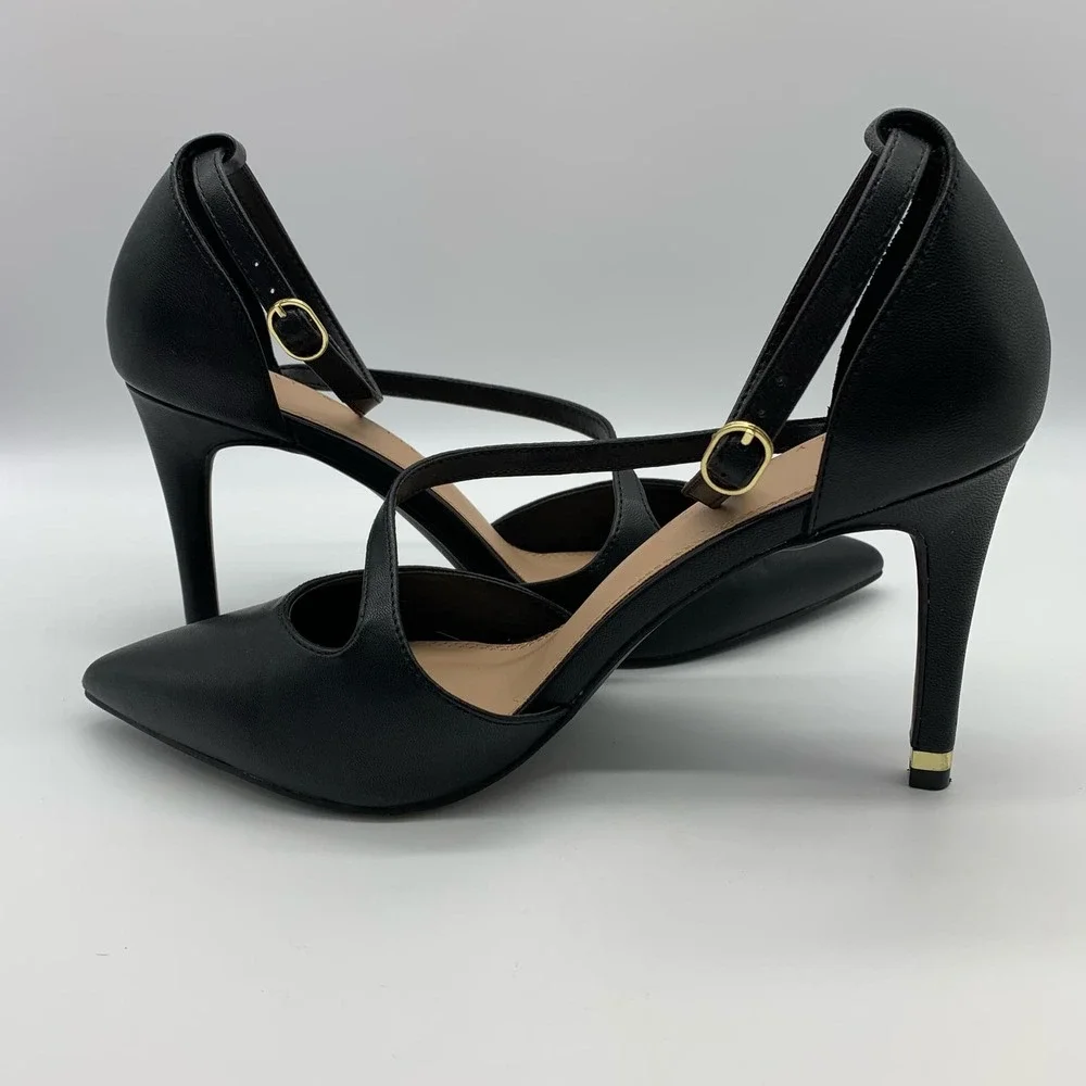 Kelly & Katie Pointed Toe Black Strappy Black Pumps With Gold Trim Heel Sz 10M - Picture 5 of 12